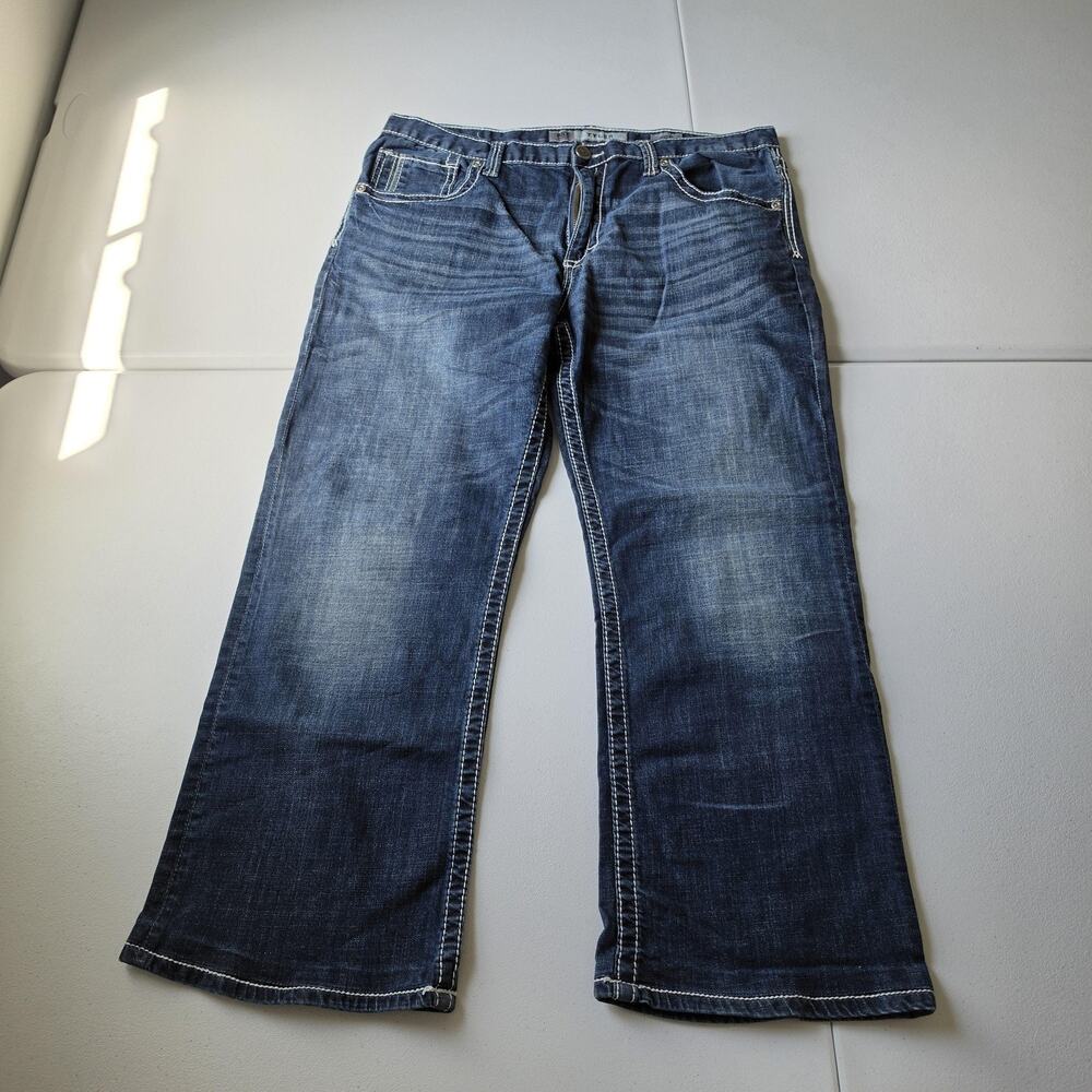 BKE Tyler Jeans Mens 36x27 Blue Denim Relaxed Bootcut Medium Wash Embroidered